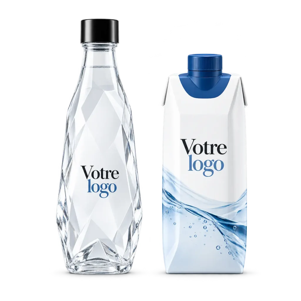 Bouteille d’eau en verre et brique Tetra Pak avec logo personnalisé