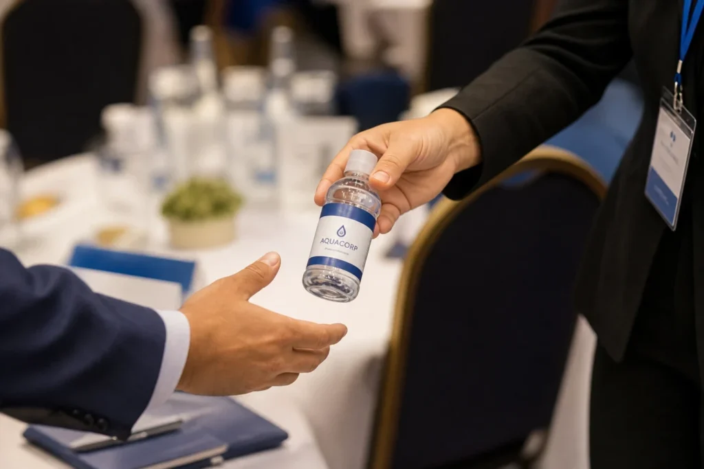 Petite bouteille d’eau personnalisée posée devant un invité lors d’un séminaire