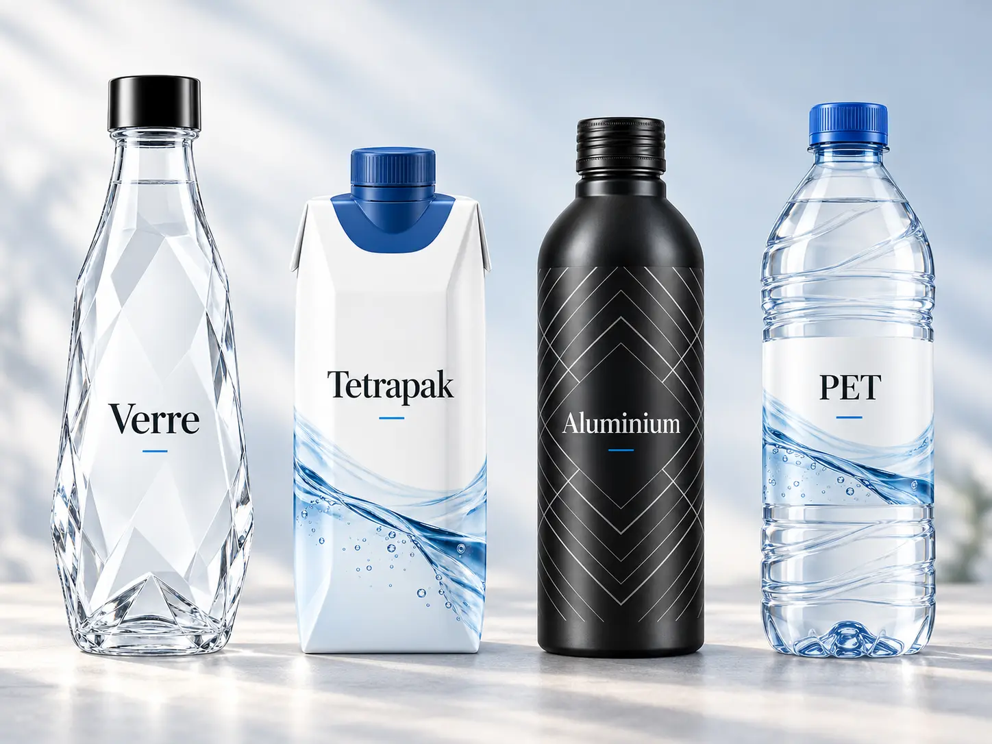 Bouteilles d’eau personnalisables en verre, en plastique PET, aluminium et en brique Tétrapak