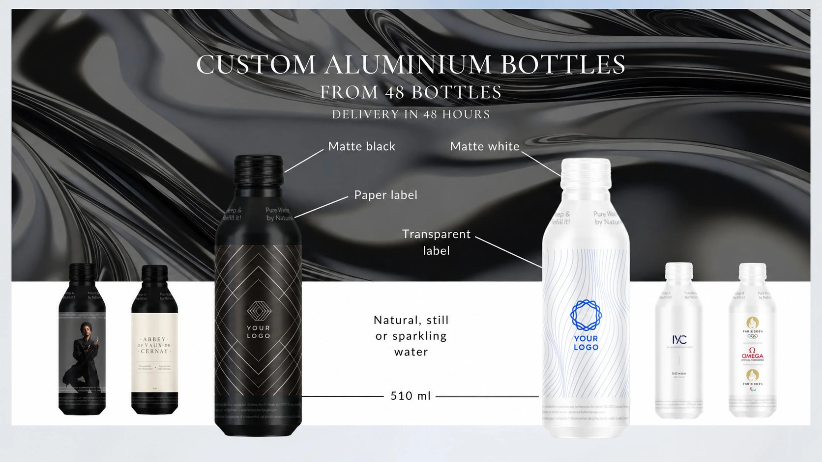 Custom aluminium water bottles, 510 ml, in matte black or matte white with your logo, from 48 bottles