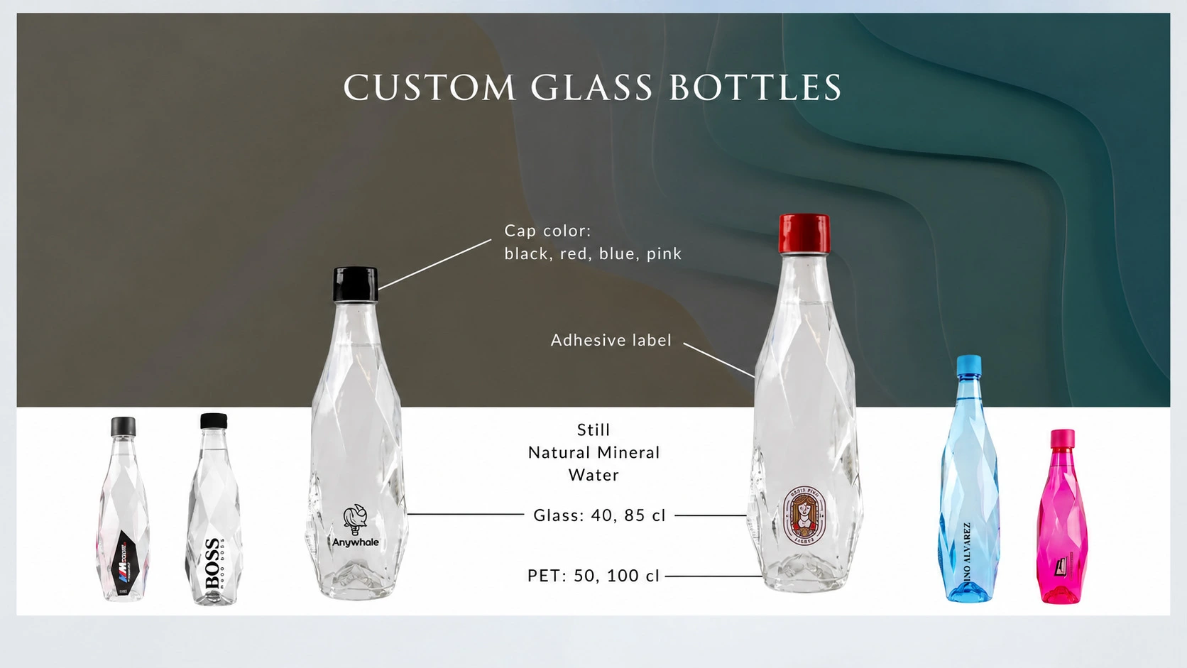 Custom glass water bottles in 40 and 85 cl, with coloured caps and adhesive labels, also available in PET