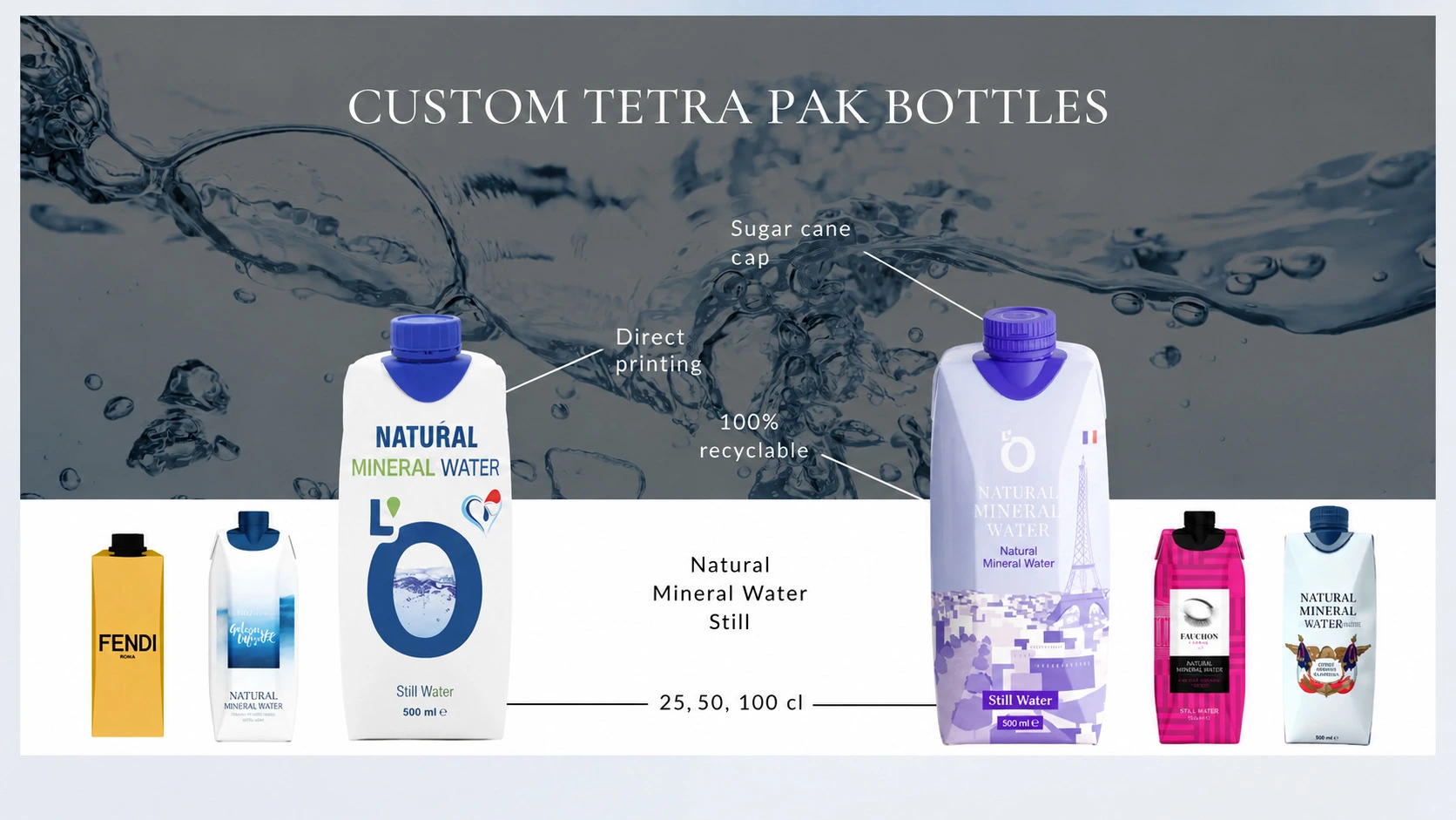 Custom Tetra Pak cartons of still natural mineral water in 25, 50 and 100 cl, with direct printing
