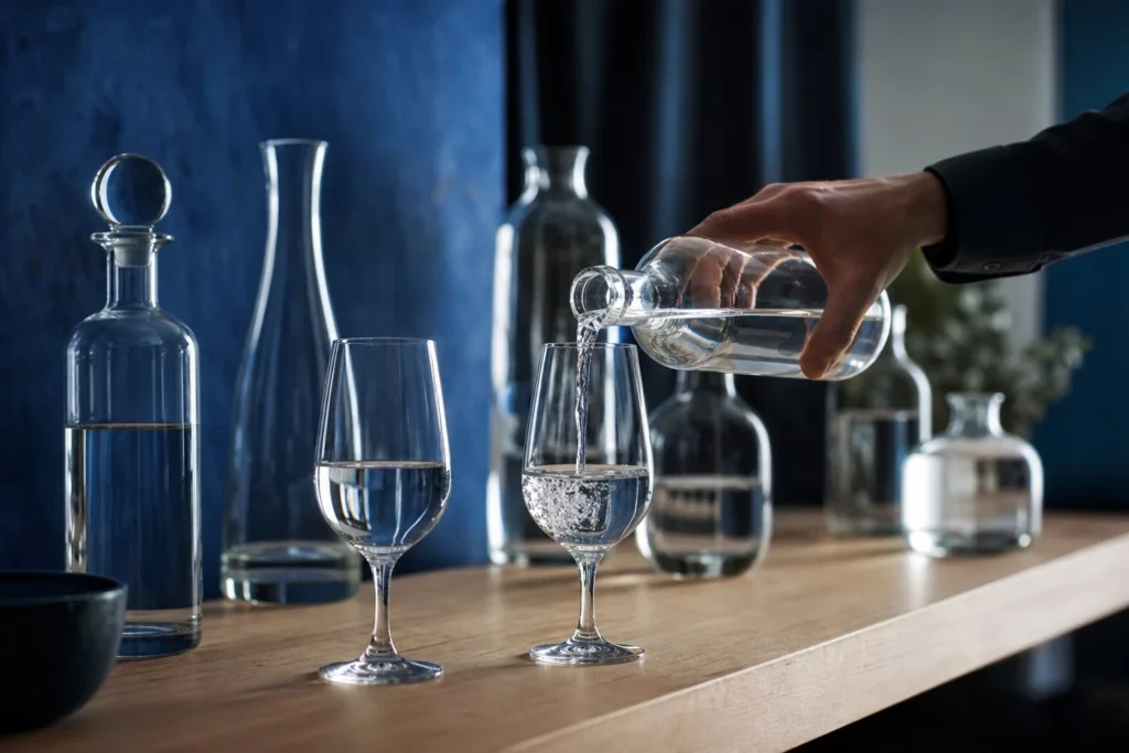 Dégustation d’eaux en verres à pied avec bouteilles en verre