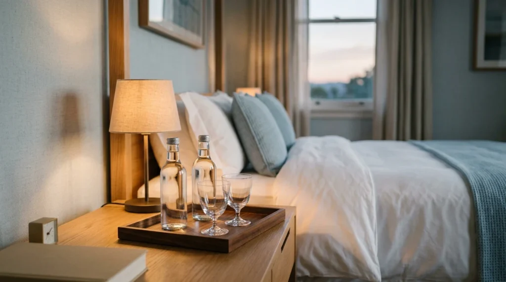 Bouteilles d’eau en verre et verres sur une table de chevet d’hôtel