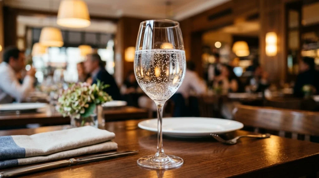 Verre d’eau pétillante et bouteille en verre sur une table de restaurant