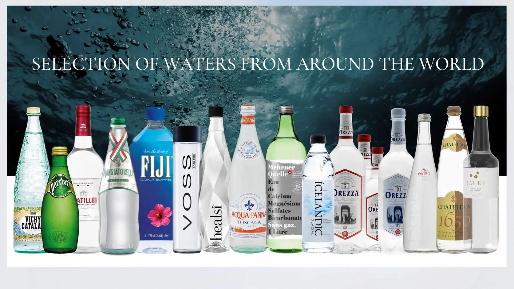 Selection of bottled waters from around the world, including Voss, Fiji, Perrier, Acqua Panna and Chateldon